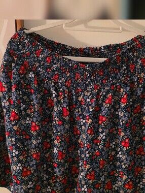 Navy Blue Floral Shorts with Red & White Accents